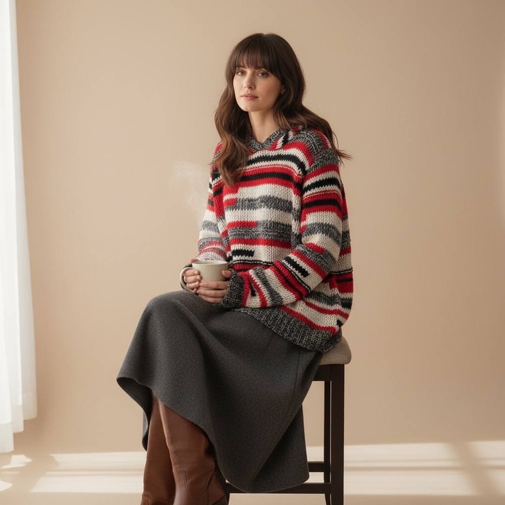 Elan Stripe Hoodie Loose Knit Sweater Red Black Size M